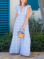 Blue Medallion V-Neck Flutter Sleeve Maxi Dress