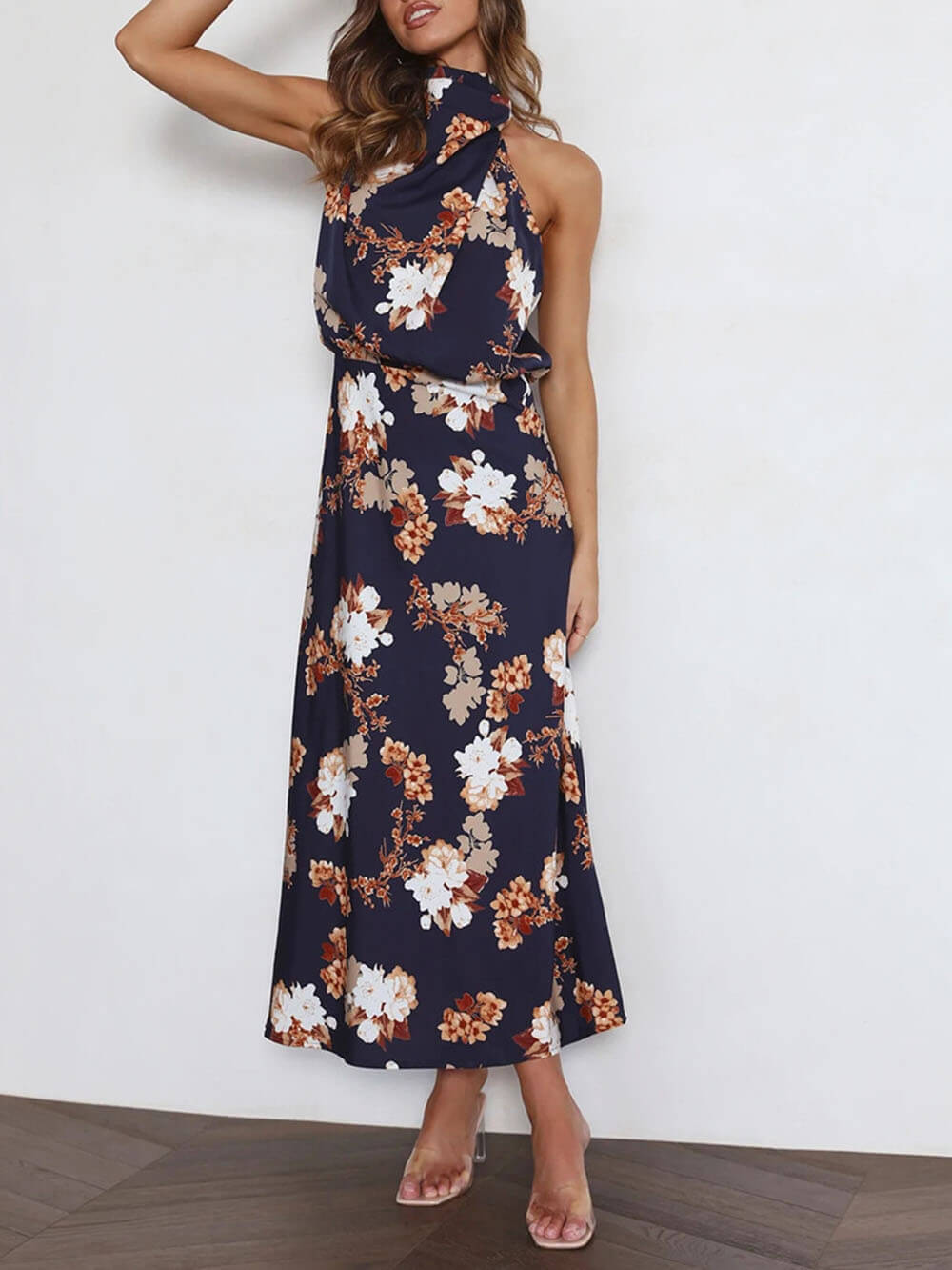 Halter Neck Floral Elastic Waist Maxi Dress